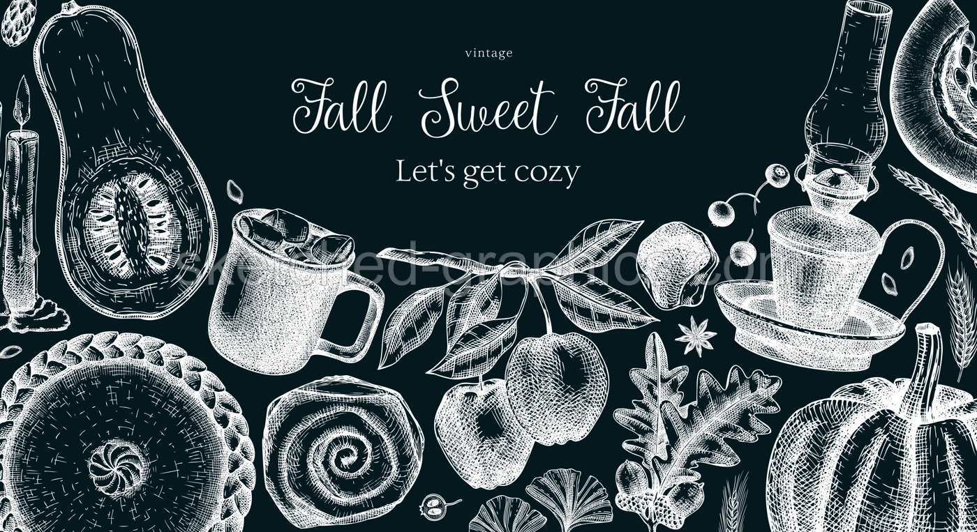 Vintage autumn banner design template. Hand-drawn vector illustration on chalkboard. Pumpkin, hot drink, fruit, pie, pastry, fall leaves sketches. Thanksgiving background  Illustration